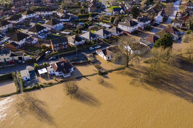 An aerial view showing flooding from the River Wye following Storm Dennis on February 17, 2020 in Hereford, England