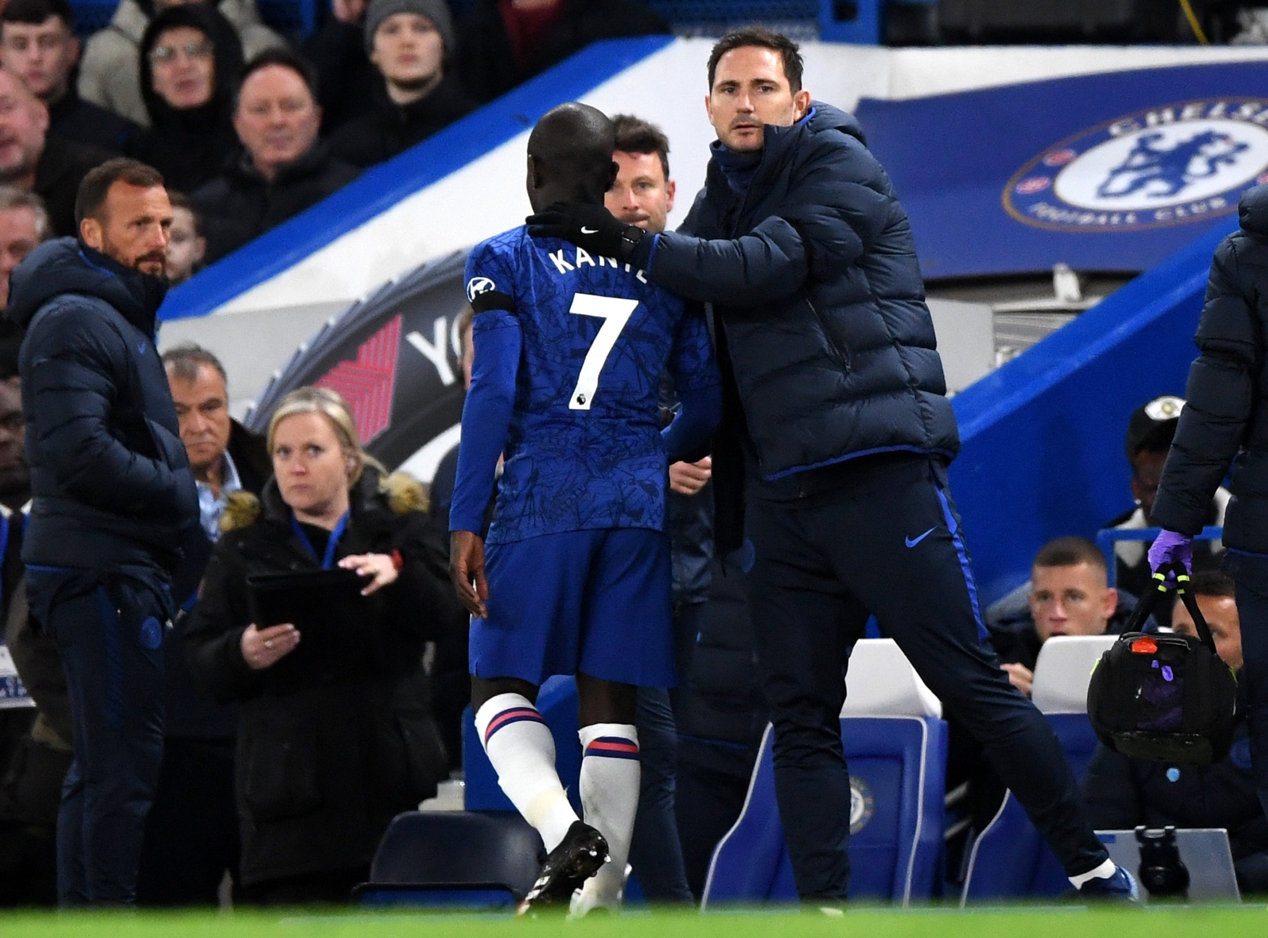 Lampard consoles Kante after hobbling off after 12 minutes