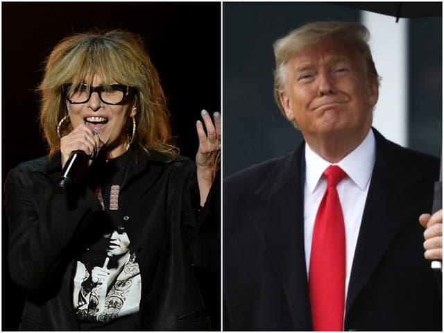 The musician Chrissie Hynde performs in concert in 2016, and Donald Trump in February 2020