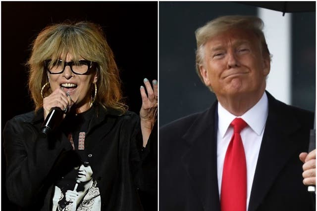 The musician Chrissie Hynde performs in concert in 2016, and Donald Trump in February 2020
