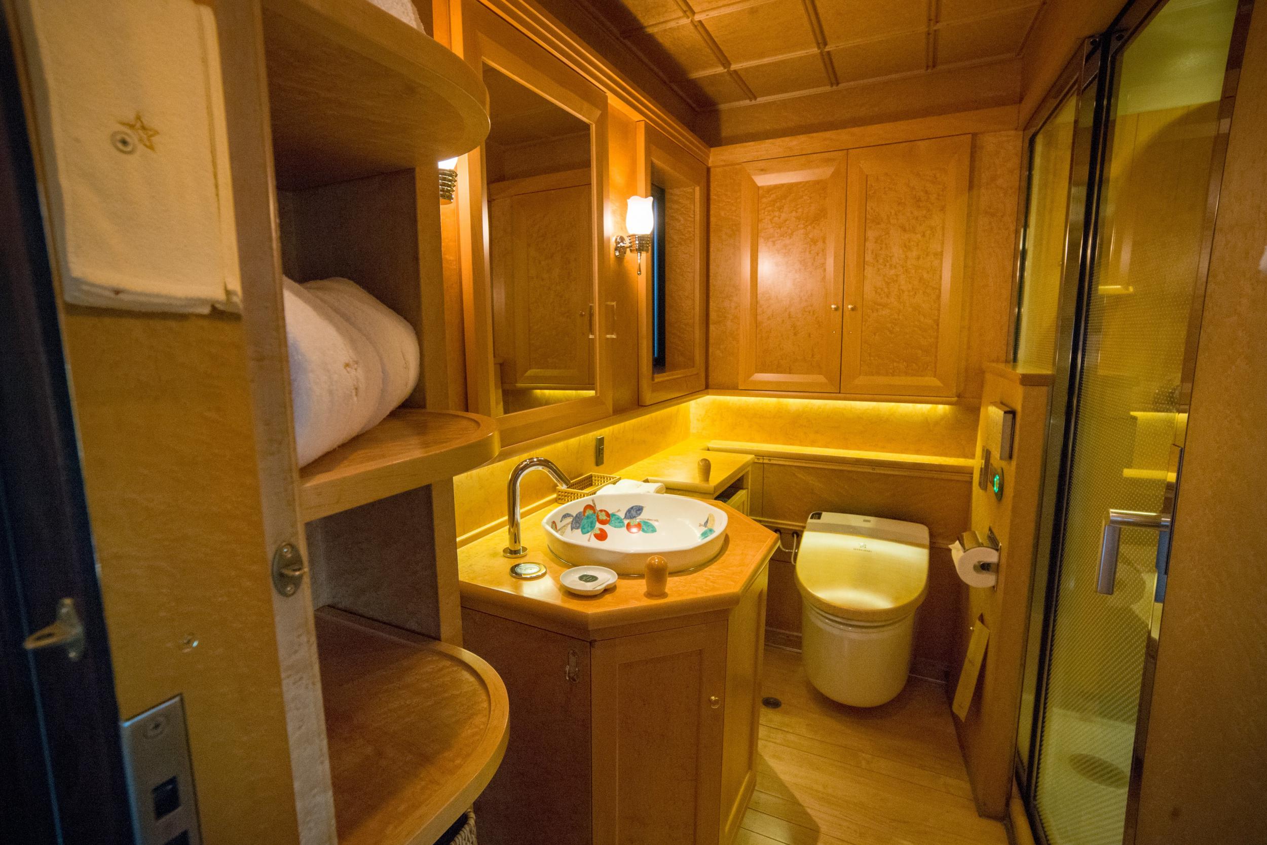 The train’s sauna-like wood-pannelled bathroom