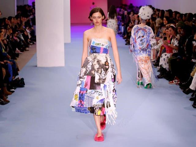 A model wears an upcycled gown made from surplus fabric during the Ashley Williams show at London Fashion Week, 14 February 2020