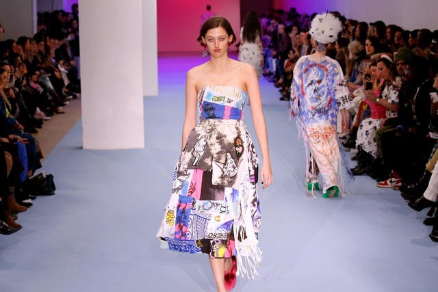 A model wears an upcycled gown made from surplus fabric during the Ashley Williams show at London Fashion Week, 14 February 2020