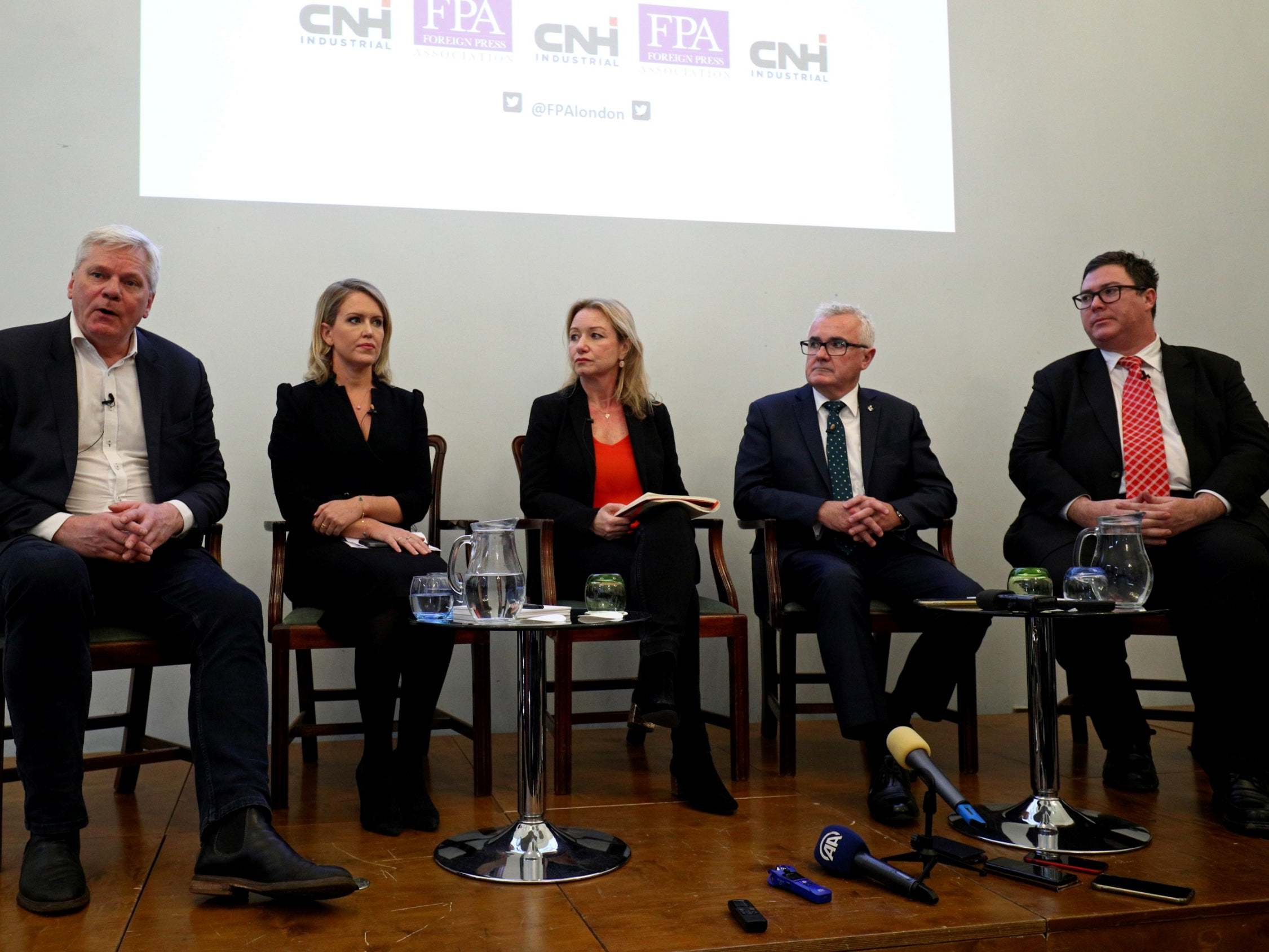 WikiLeaks editor-in-chief Kristinn Hrafnsson, lawyer Jennifer Robinson and Australian MPs Andrew Wilkie and George Christensen attend a news conference