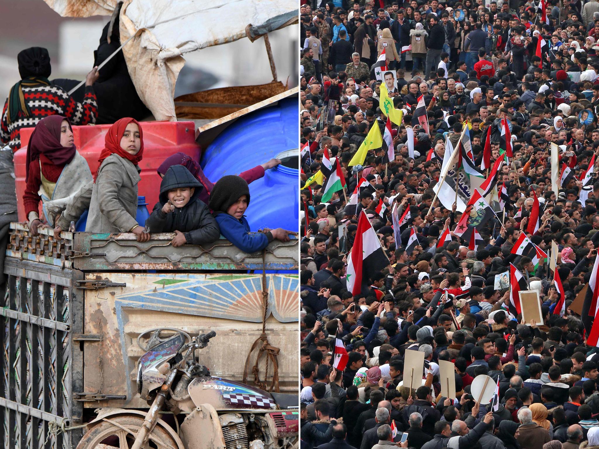 Left: In the west of Syria's northern province of Aleppo on 16 February, people flee advancing Syrian government forces. Right: Meanwhile, crowds gather to celebrate at the Saadallah al-Jabiri square in Aleppo
