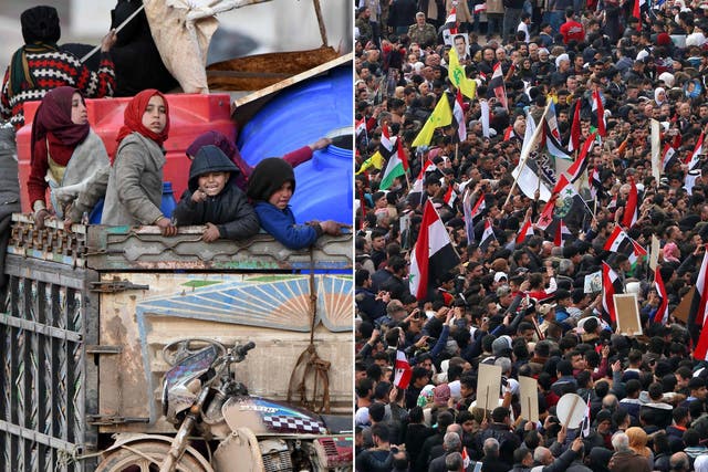Left: In the west of Syria's northern province of Aleppo on 16 February, people flee advancing Syrian government forces. Right: Meanwhile, crowds gather to celebrate at the Saadallah al-Jabiri square in Aleppo
