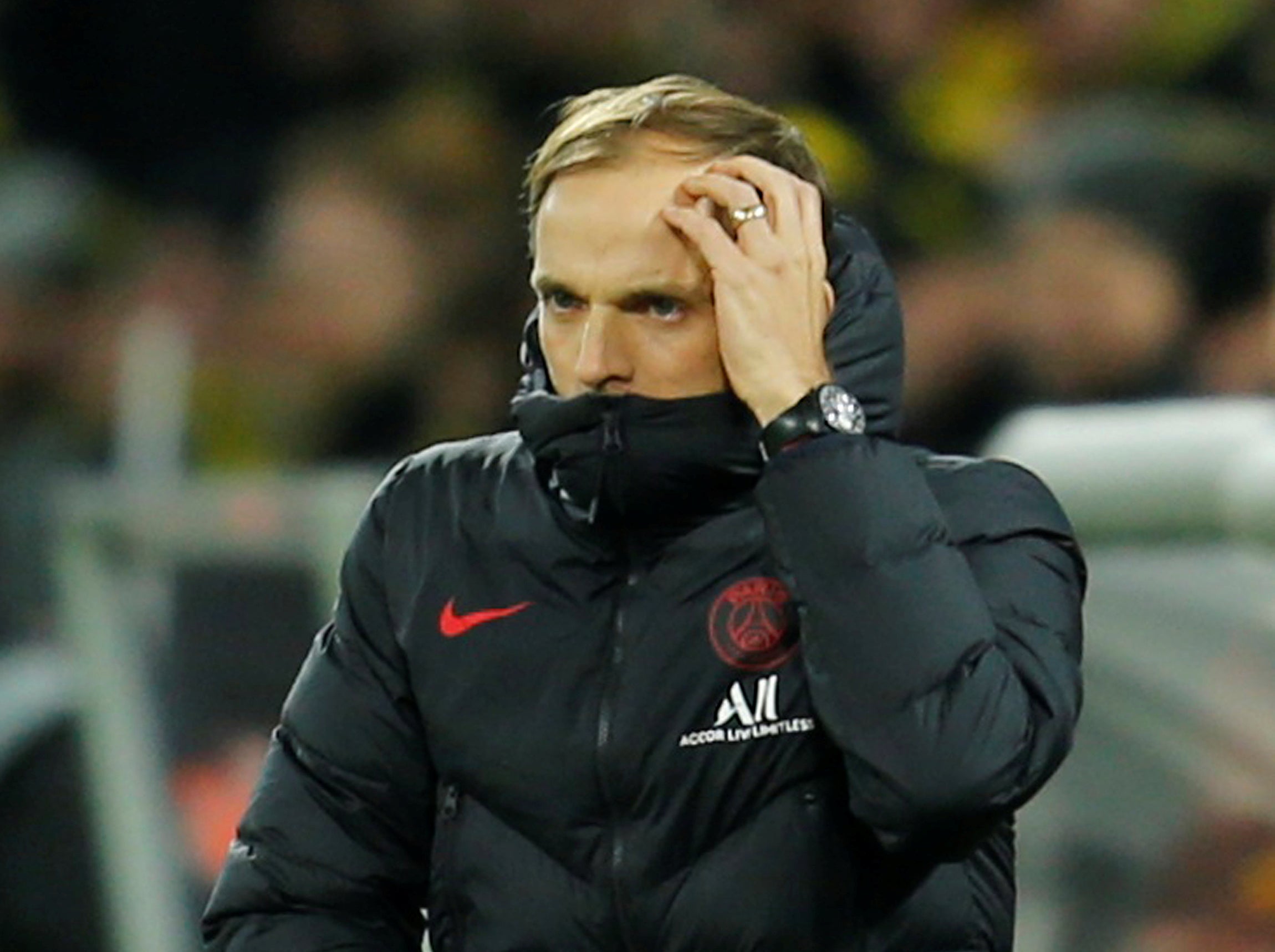 A worried Tuchel looks on in Dortmund