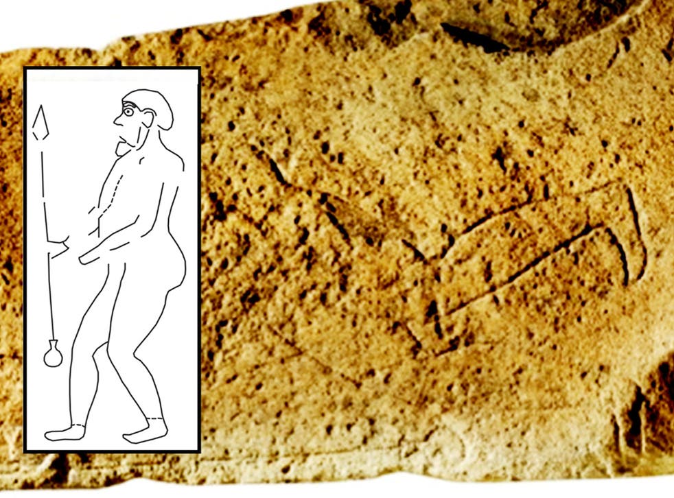 Background: Stone marked with the outline of a warrior. Inset: Line drawing of the stone marking