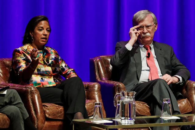 Former national security advisers Susan Rice and John Bolton take part in a discussion at Vanderbilt University in Nashville, Tennessee