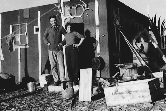 Christiane and her husband Hermann outside the hut at Grey Hook in summer