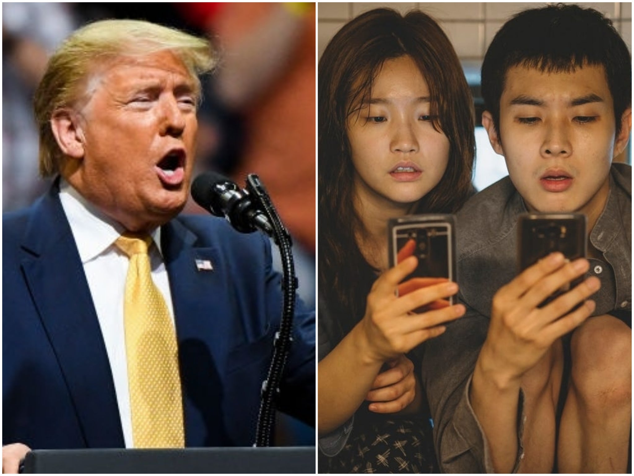 Not a fan: Donald Trump at his Colorado rally, and Parasite stars Park So-dam and Choi Woo-shik