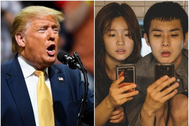 Not a fan: Donald Trump at his Colorado rally, and ‘Parasite’ stars Park So-dam and Choi Woo-shik
