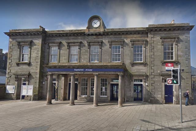Google street view image of Haymarket railway station, in Edinburgh, Scotland.