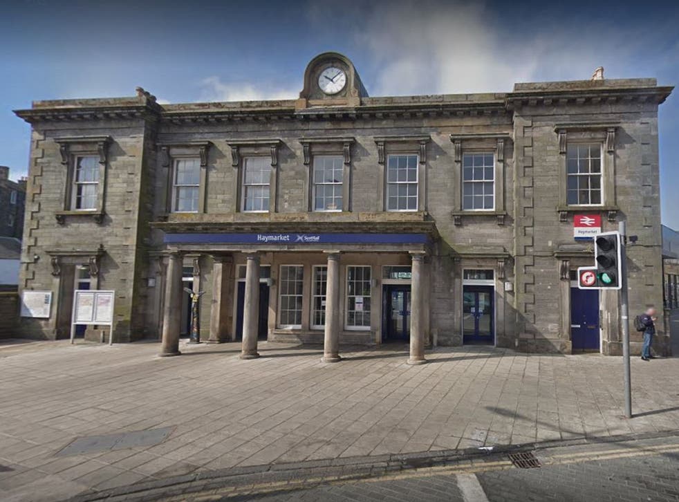 Google street view image of Haymarket railway station, in Edinburgh, Scotland.