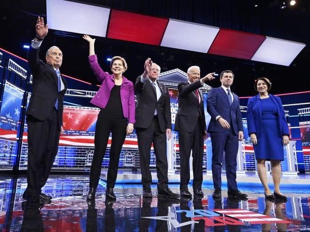 Mike Bloomberg, Elizabeth Warren, Bernie Sanders, Joe Biden, Pete Buttigieg, Amy Klobuchar greet the audience at the Paris New Theater Las Vegas Nevada on Wednesday 19 February 2020