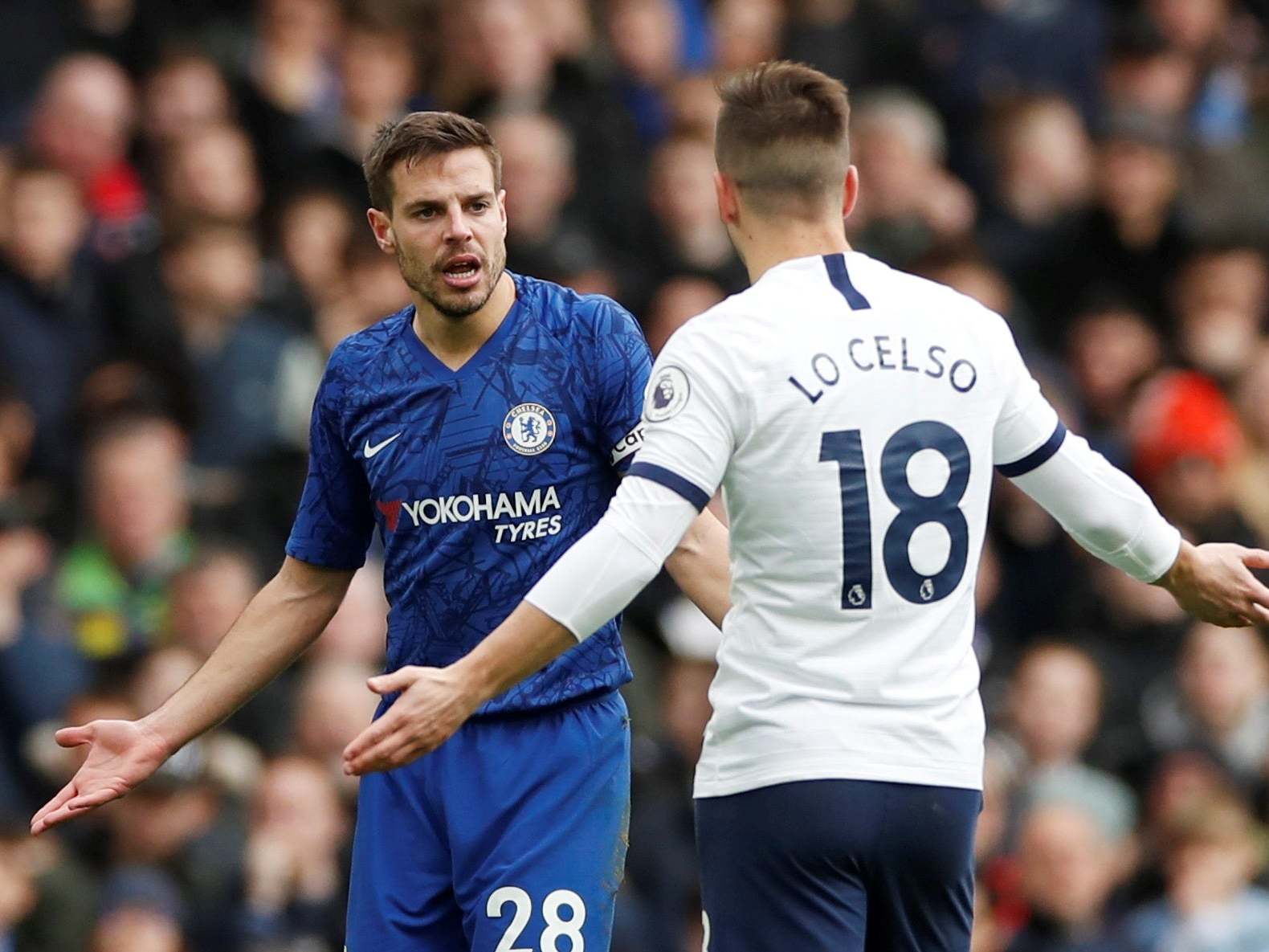 Chelsea's Cesar Azpilicueta and Tottenham Hotspur's Giovani Lo Celso react