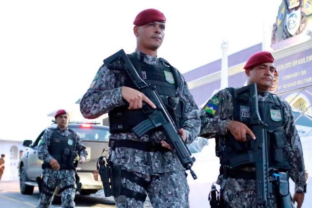 Members of National Force patrol a street during a military police strike in Fortaleza 21 February 2020