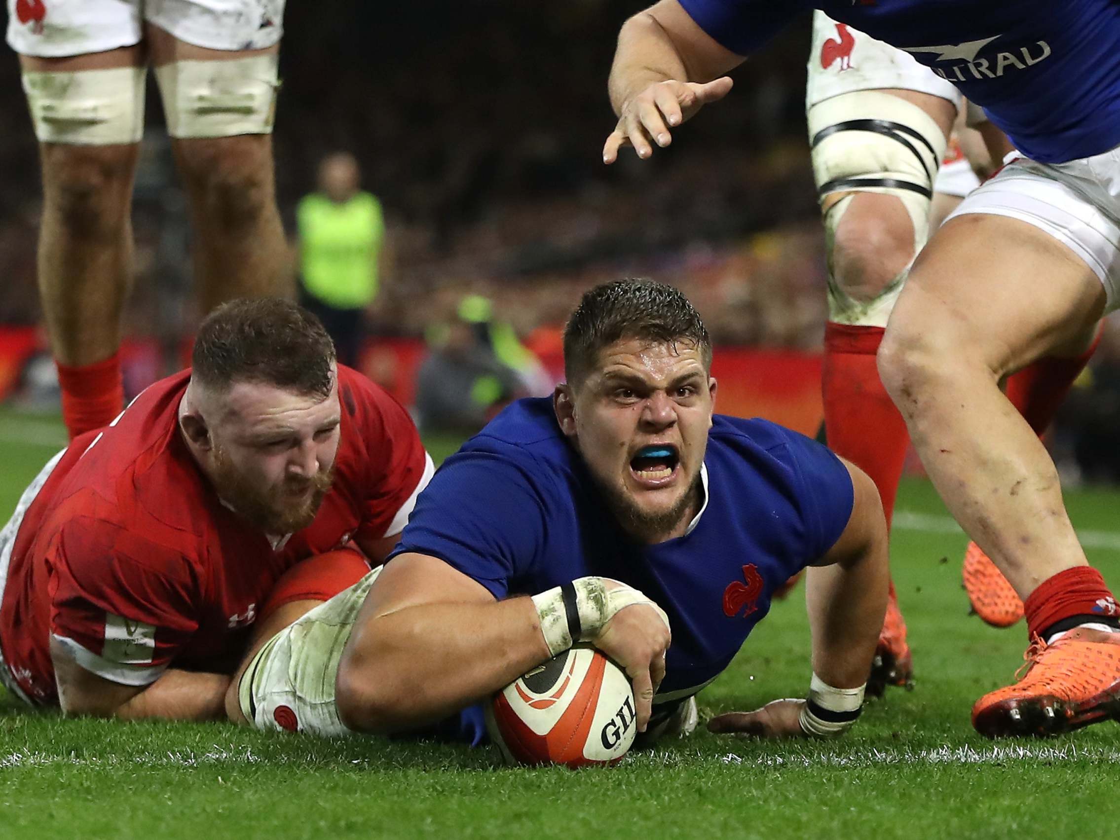 Paul Willemse scores France’s second try against Wales in their Six Nations clash