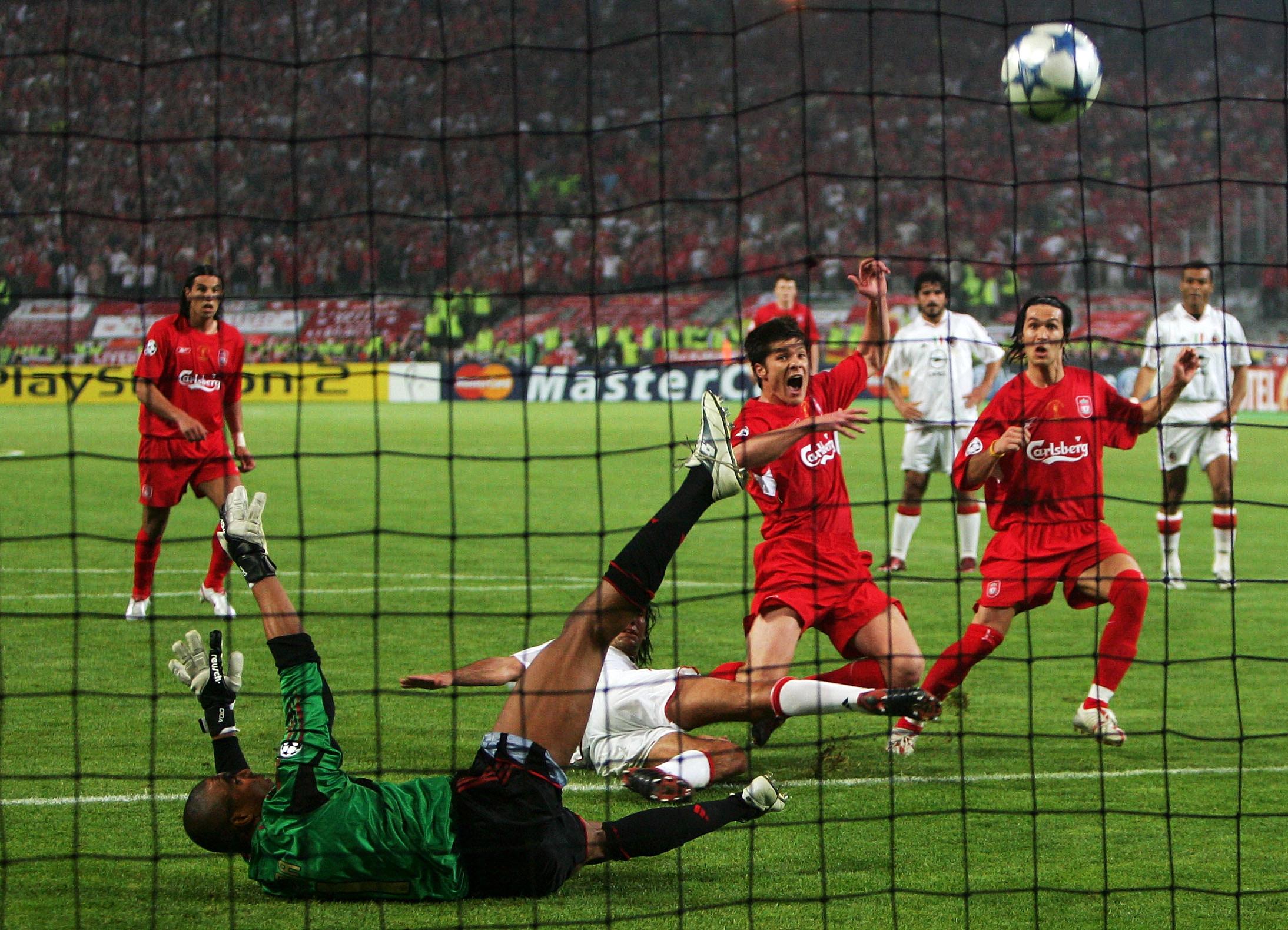 Xabi Alonso scores for Liverpool against Milan