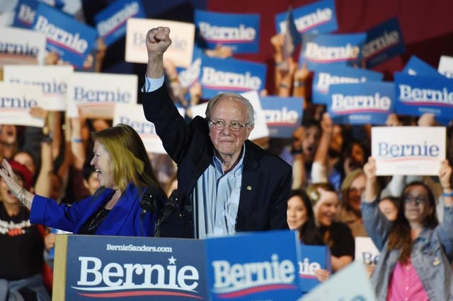 Bernie Sanders celebrates with his wife Jane after being declared Nevada caucus victor at a rally in San Antonio, Texas, on 22 February 2020