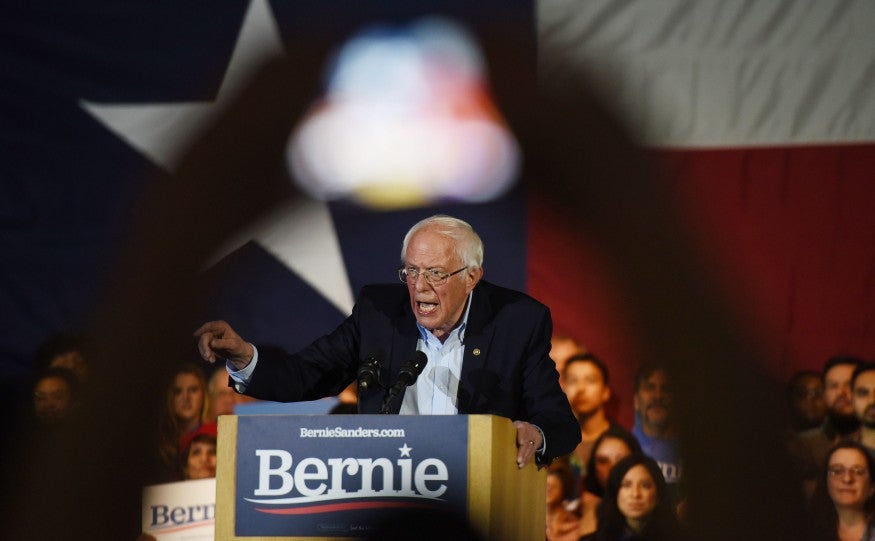 Bernie Sanders speaks after being declared the winner of the Nevada Caucus as he holds a campaign rally in San Antonio Texas 22 February 2020 (Callaghan O&amp;#039;hare/Reuters)