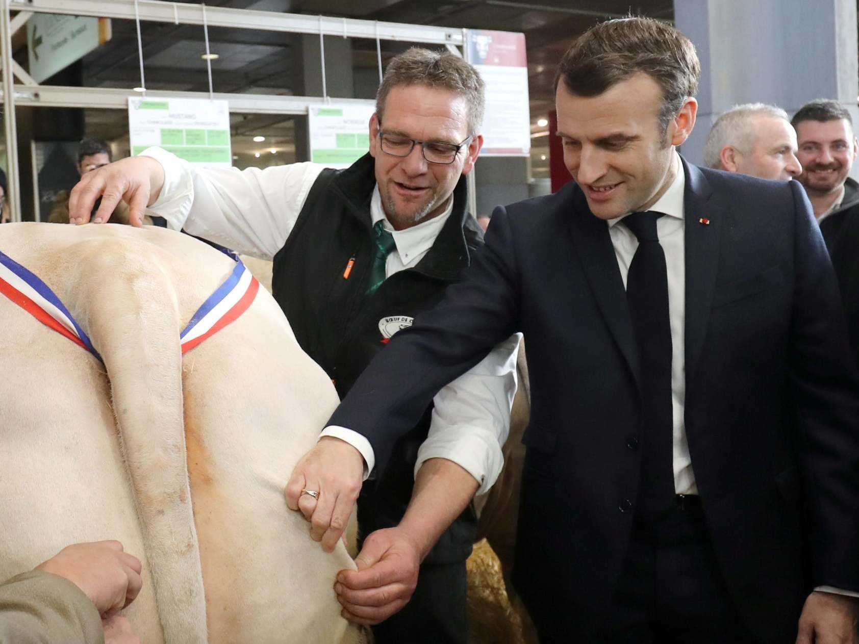 Emmanuel Macron tests the quality of a cow during the 57th International Agriculture Fair in Paris on February 22 2020