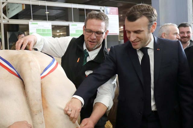 Emmanuel Macron tests the quality of a cow during the 57th International Agriculture Fair in Paris on February 22 2020