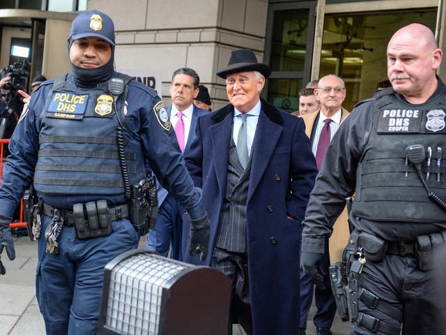 Former Trump campaign adviser Roger Stone departs following his sentencing hearing at US District Court in Washington 20 February 2020