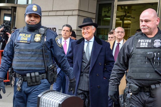 Former Trump campaign adviser Roger Stone departs following his sentencing hearing at US District Court in Washington 20 February 2020