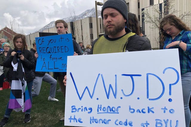 Students protesting in Provo Utah on 21 February against the university's honour code and its disciplinary action