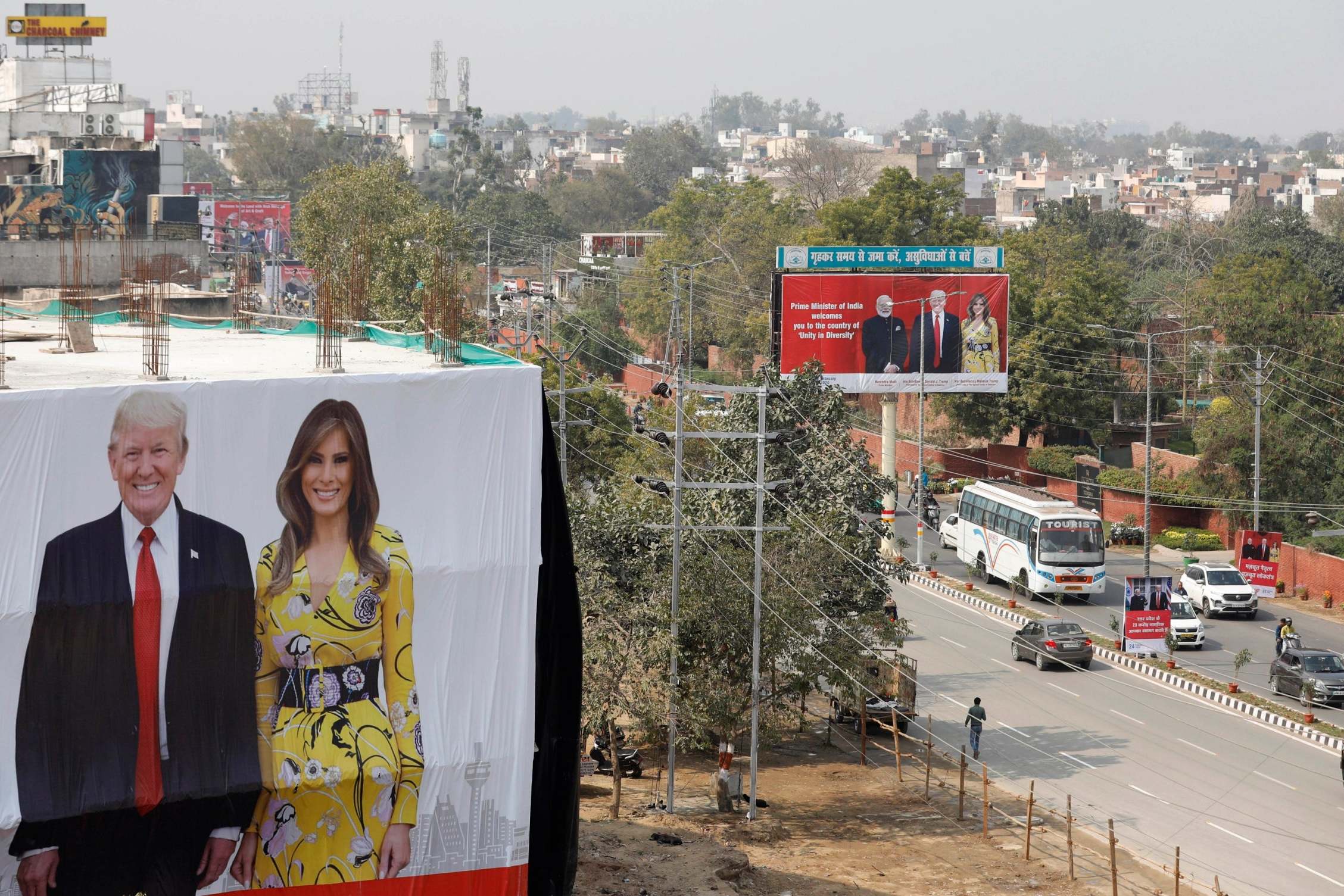 A billboard featuring President Trump and first lady Melania Trump erected to welcome them ahead of their visit to the Taj Mahal