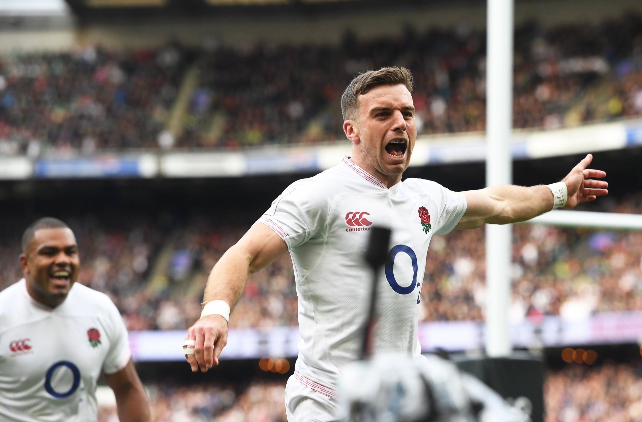 George Ford celebrates scoring the opening try of the match