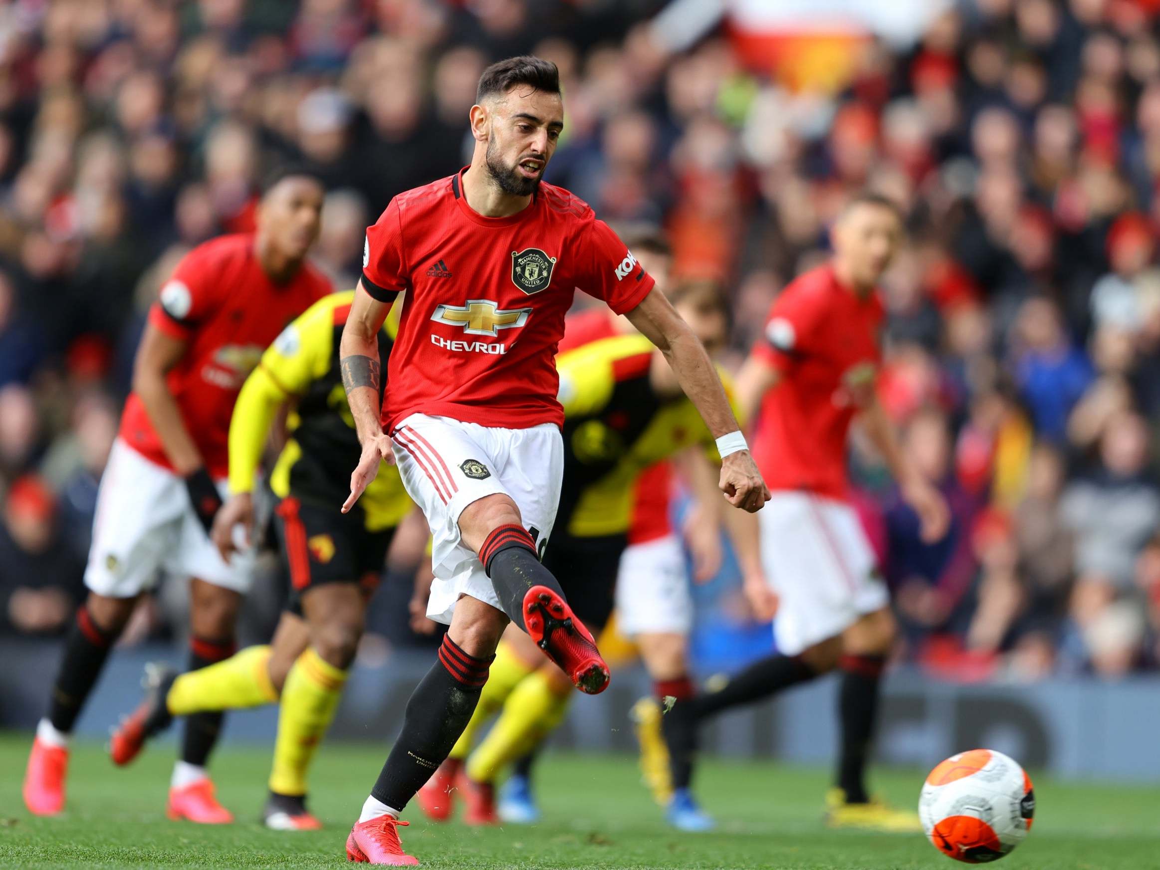 Bruno Fernandes guides in his first goal for Manchester United