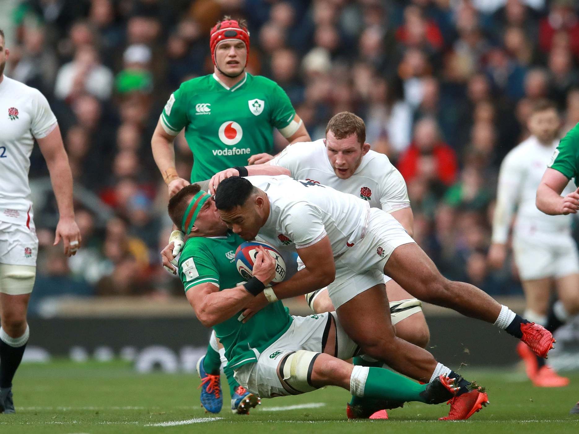 Manu Tuilagi tackles CJ Stander during England's Six Nations victory over Ireland