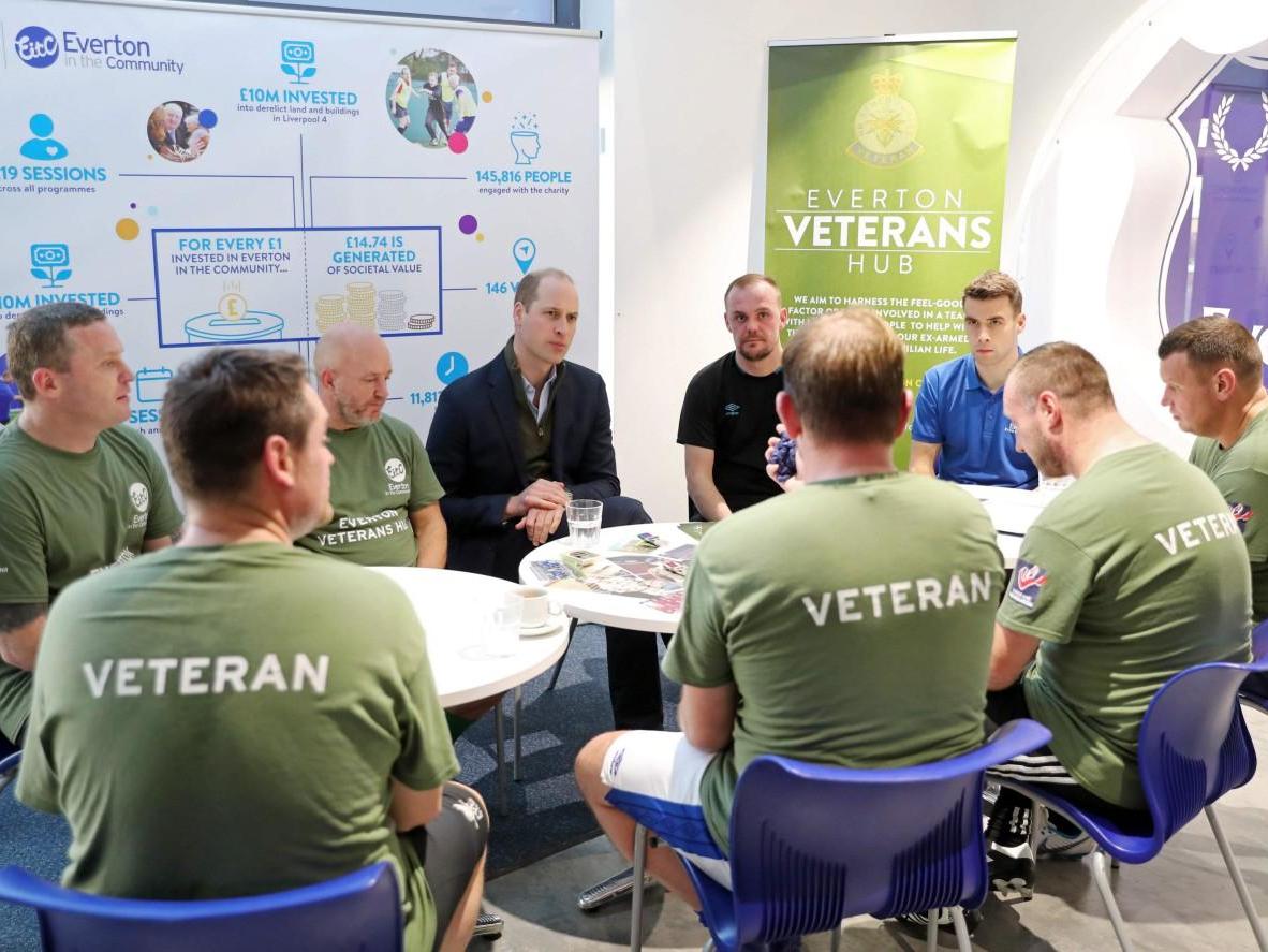 Veterans speaking with Prince William in Liverpool at Everton Football Club charity 'Everton in the Community' on 30 January 2020