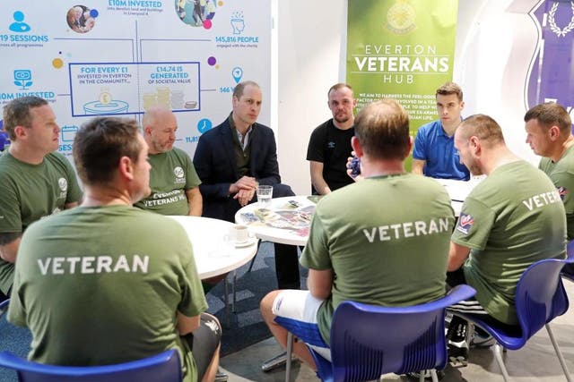 Veterans speaking with Prince William in Liverpool at Everton Football Club charity 'Everton in the Community' on 30 January 2020