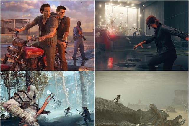 Clockwise from top left: Uncharted 4: A Thief's End, Control, Shadow of the Colossus, God of War