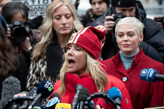Rosanna Arquette speaks at a news conference outside the trial of Harvey Weinstein in New York