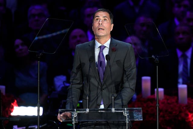 Rob Pelinka, general manager of the LA Lakers, pays tribute to Kobe Bryant and his daughter Gianna at an event at the Staples Center in Los Angeles