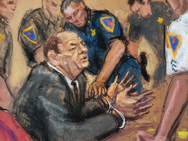 Film producer Harvey Weinstein is handcuffed after his guilty verdict in this courtroom sketch