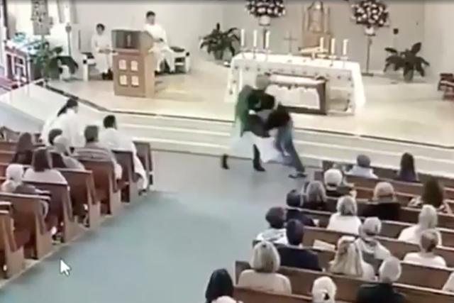 Security footage captured the moment a man tackled a deacon performing Saturday evening mass at a Florida church
