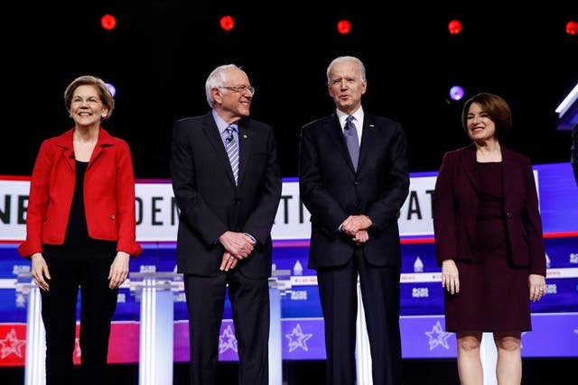 Elizabeth Warren, Bernie Sanders, Joe Biden and Amy Klobuchar at the Democratic debate in Charleston, South Carolina
