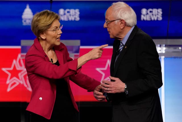 Elizabeth Warren and Bernie Sanders at the Democratic debate in Charleston, South Carolina