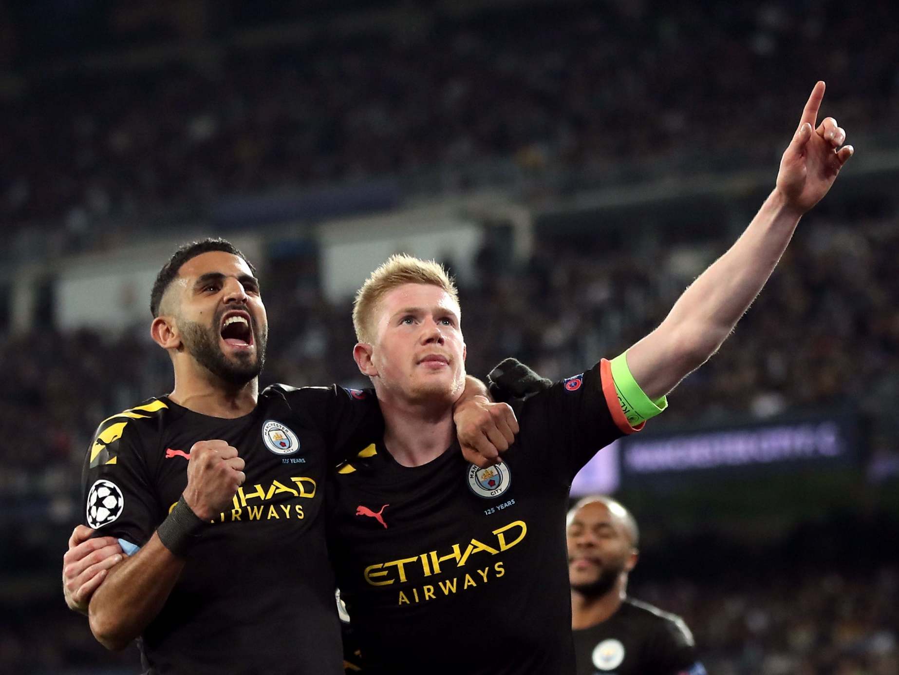 Kevin De Bruyne celebrates with Riyad Mahrez in City’s Champions League win over Real Madrid