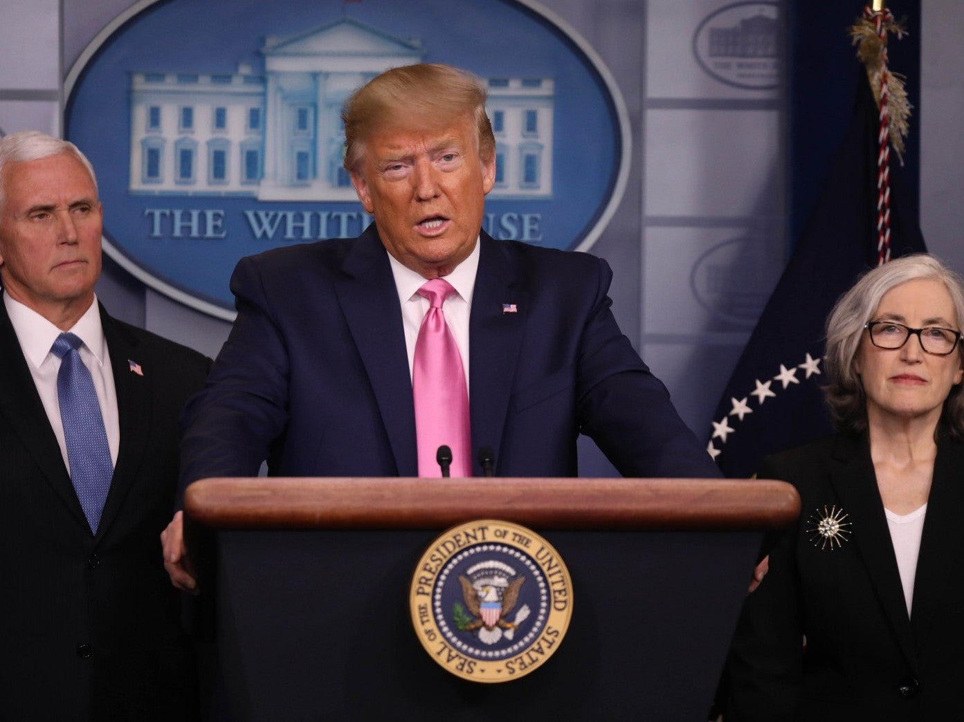 Donald Trump holds a press conference announcing Mike Pence to lead the effort combating the spread of the coronavirus, in Washington DC on 26 February 2020
