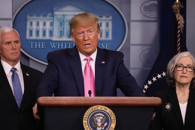 Donald Trump holds a press conference announcing vice president Mike Pence to lead the effort combating the spread of the coronavirus, in Washington DC on 26 February 2020