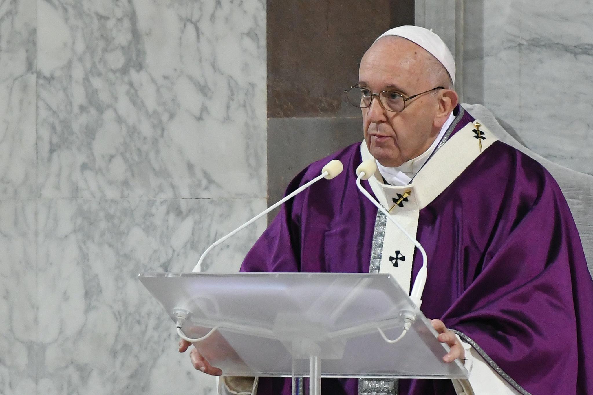 Pope Francis leads the Ash Wednesday mass which opens Lent, the forty-day period of abstinence and deprivation for Christians before Holy Week and Easter, on February 26, 2020, at the Santa Sabina church in Rome