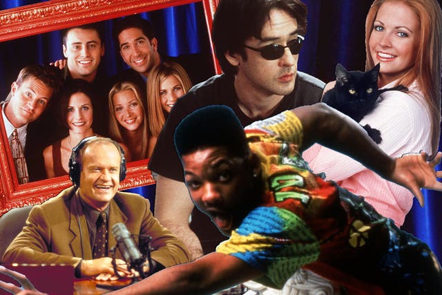 Clockwise from top left: Friends, Cusack in High Fidelity, Sabrina the Teenage Witch, the Fresh Prince, and Frasier