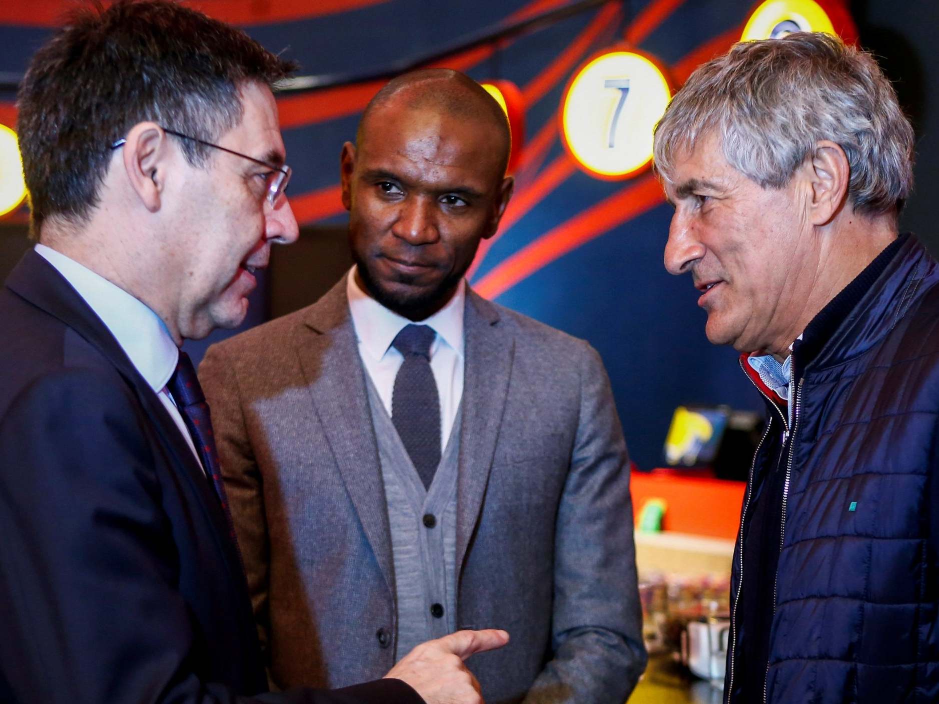 Barcelona President Josep Maria Bartomeu, sport director Eric Abidal and head coach Quique Setien