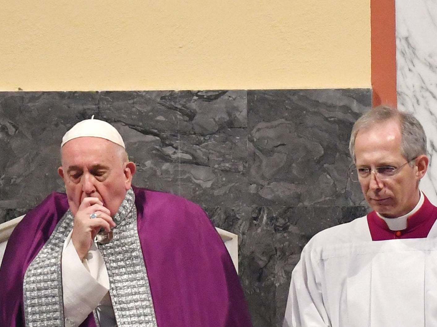 The Pope was seen coughing and blowing his nose during the Ash Wednesday service